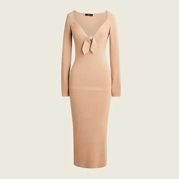 J. Crew Beige Ribbed Tie-Front Sweater Midi Dress Size Medium - Picture 1 of 6